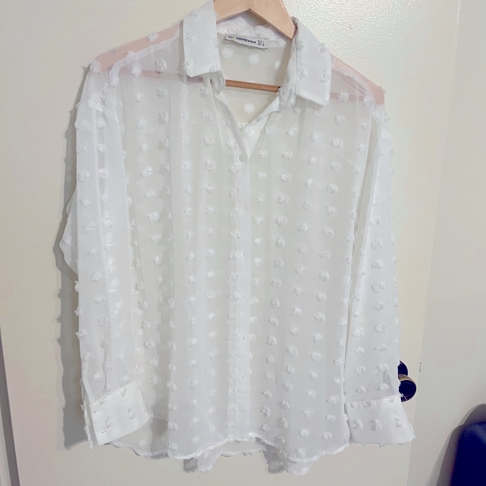 White sheer button-down long sleeve blouse